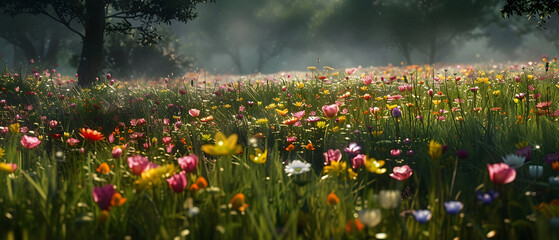 field of red tulips in spring