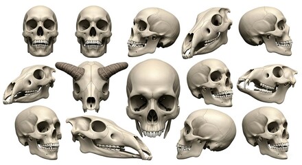 Obraz premium Collection of Animal and Human Skulls 3D Render