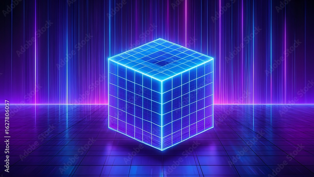 Poster a glowing neon blue cube with intricate geometric patterns sits on a reflective surface illuminated 