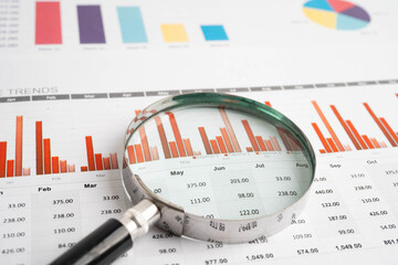 Magnifying glass on charts graphs paper. Financial development, Banking Account, Statistic, Investment Analytic research data economy.