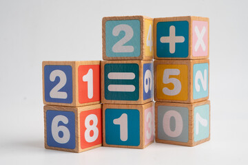Number wood block cubes for learning Mathematic, education math.