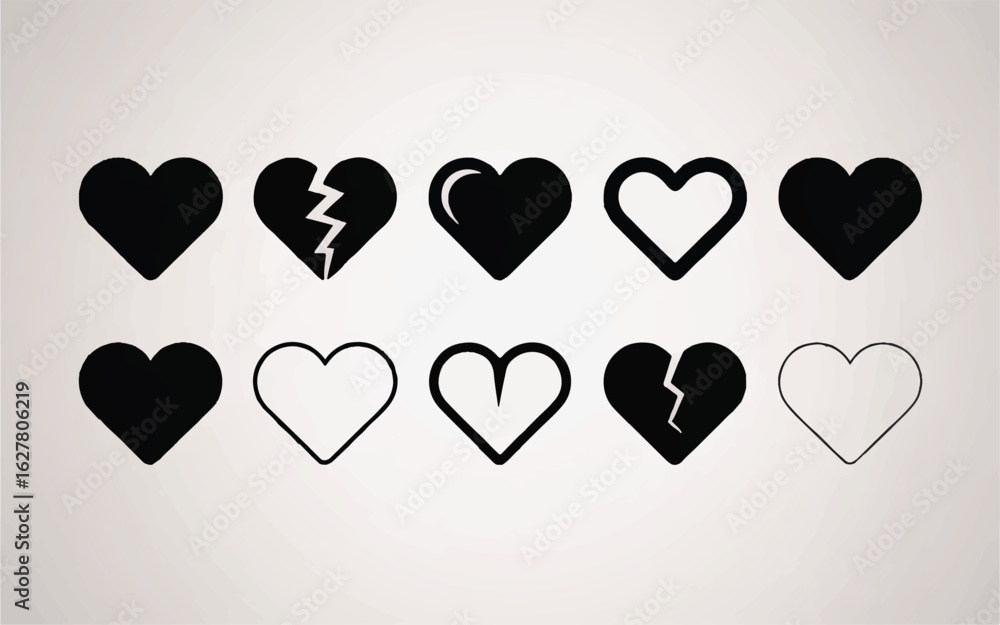 Poster a set of ten minimalist heart icons arranged in two rows of five.