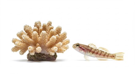 Obraz premium 白い背景 鮮やか珊瑚礁 小さな魚観察 静止画. AI Generated