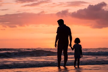 Father and Child Silhouetted Against Vibrant Sunset Over Ocean Waves