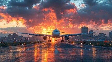 Airplane Landing Over Cityscape at Sunset