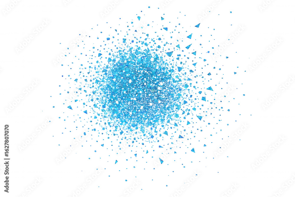 Poster abstract burst of shimmering cyan and blue geometric particles creating a dynamic, energetic explosi