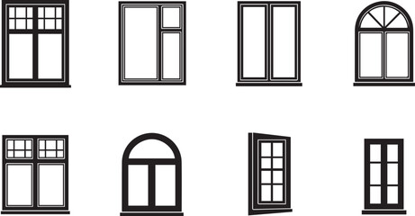 Collection of eight window silhouette icons in black on a white background Keywords: window, windows, silhouette, icon, icons, set, collection, graphic, design, illustration, architecture