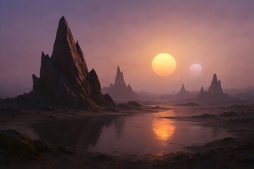 A surreal alien landscape with rocky formations and twin suns reflecting in the water under a hazy sky, creating a mysterious and otherworldly scene