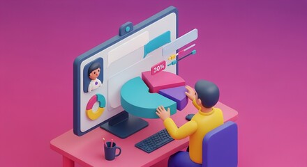 The 3D AI Chatbot character at a desktop computer interacts with a large, vibrant 3D pie chart floating from the monitor, showcasing data analysis and digital communication.