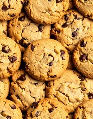 Close-up of many chocolate chip cookies