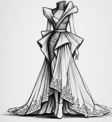 Monochromatic sketch: A long dress with an asymmetrical cut and a voluminous construction at the waist and shoulders.
Perfect for a haute couture runway look.