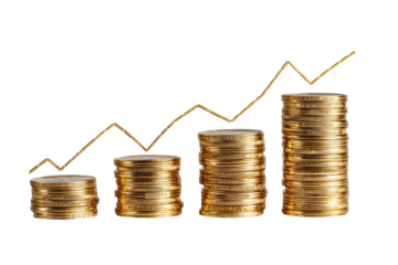 Gold coins stacked in increasing columns, a rising gold line graph superimposed
