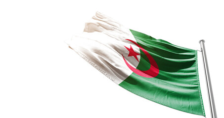 Algeria national flag waving on white background with cutout path. A flag on isolated background...