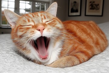 Adorable Orange Tabby Cat Yawning on a Cozy Bedspread