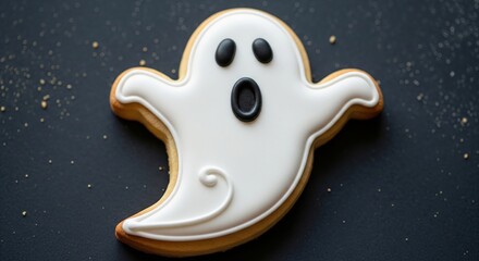 Fototapeta premium [Cute Halloween ghost cookie with white royal icing on a dark background.]
