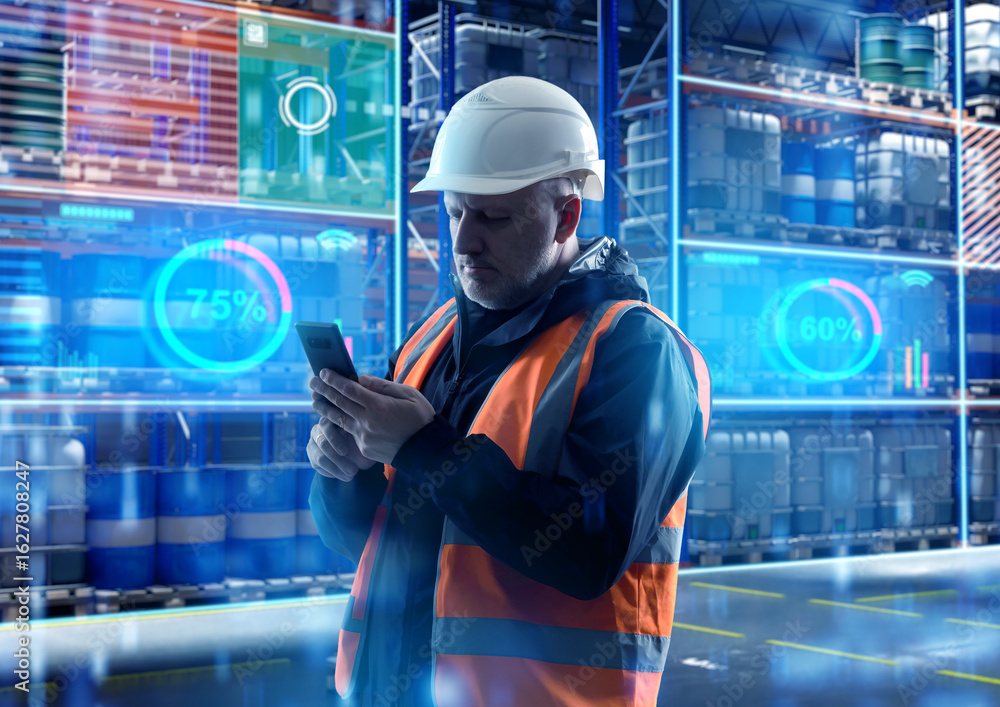 Poster man in modern warehouse. storekeeper with phone uses application to account for goods. warehouse tec
