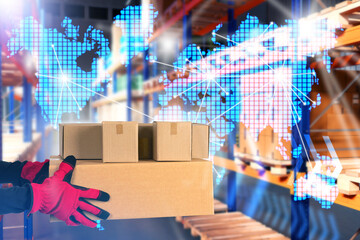 International logistics. Cardboard box in hands of storekeeper. Global logistics. Delivery of goods...