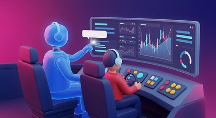 The Financial Copilot, an AI robot and human collaborate at a futuristic console, analyzing financial charts for smart investing and digital insights.