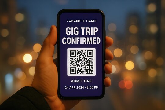 Hand holding smartphone with concert e-ticket and QR code against blurred city lights