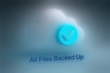 All files backed up message with 3D cloud icon and checkmark in futuristic blue background