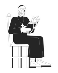 Catholic elderly male priest reading holy book 2D line character. Christian teacher. Spiritual leader in religious robe and cross isolated vector ink outline person. Monochromatic spot illustration