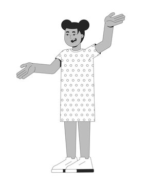 Happy black girl with two space buns and open arms 2D line character. African american female child in polka-dot dress and sneakers isolated vector ink outline person. Monochromatic spot illustration