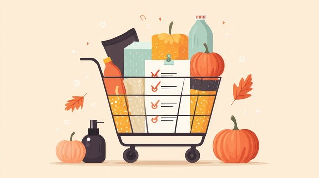 Halloween and shopping themed icons with coffee and checklist on light background. Concept of seasonal shopping and Halloween planning.