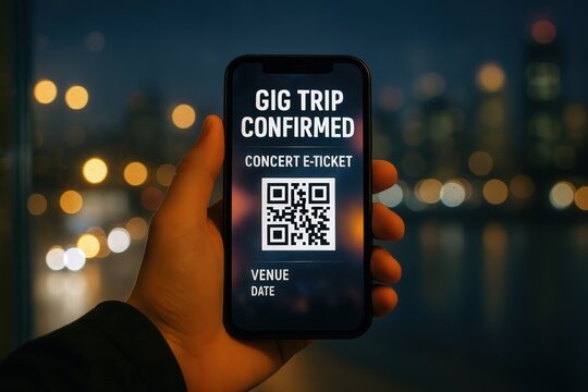 Hand holding smartphone with concert e-ticket QR code against cityscape