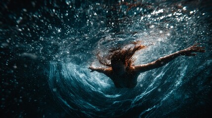Submerged figure with flowing hair amid turbulent dark waters