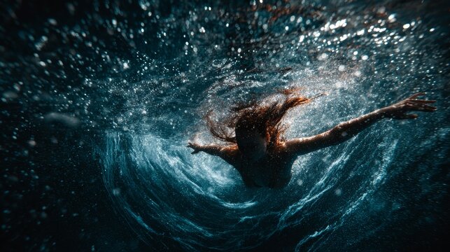 Submerged figure with flowing hair amid turbulent dark waters