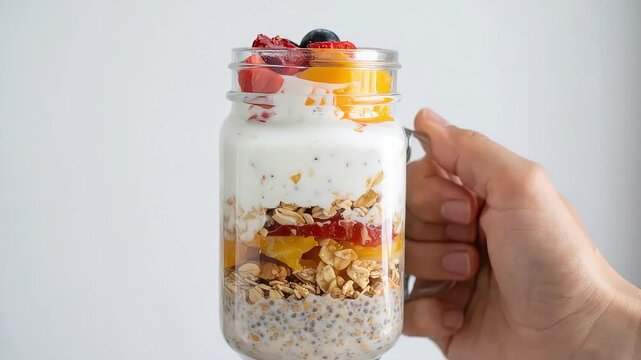 Layered fruit yogurt parfait in glass jar