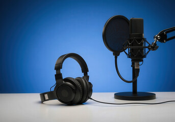 Professional podcast setup with microphone and headphones on blue background. International Podcast Day