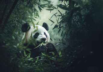 Giant panda eats bamboo stalks in bamboo forest