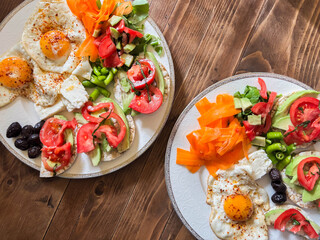 Healthy Turkish Breakfast Plates with Eggs and Avocado