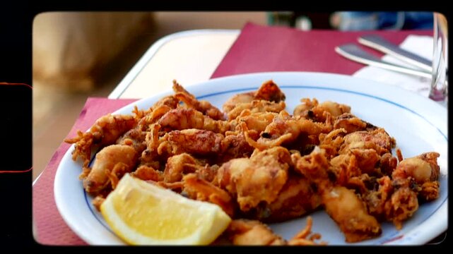 Tapas in spain, eating local food with friends on holiday, fried squid, chipirones, retro vintage 8mm film look