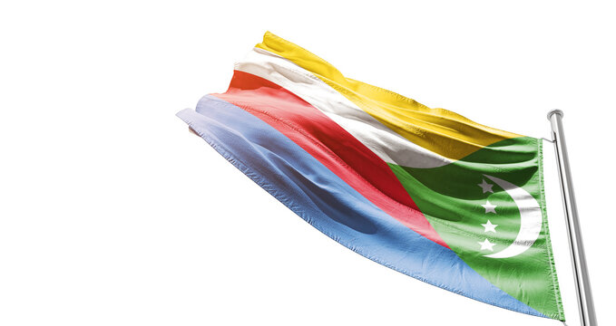 Comoros national flag waving on white background with cutout path. A flag on isolated background with cliping mask. Comoros national flag for independence day.
