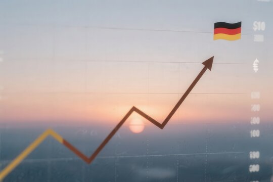 Economic growth concept with rising line graph and German flag at sunset