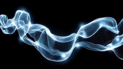 Abstract design with interconnected translucent wave-like patterns in blue and white,