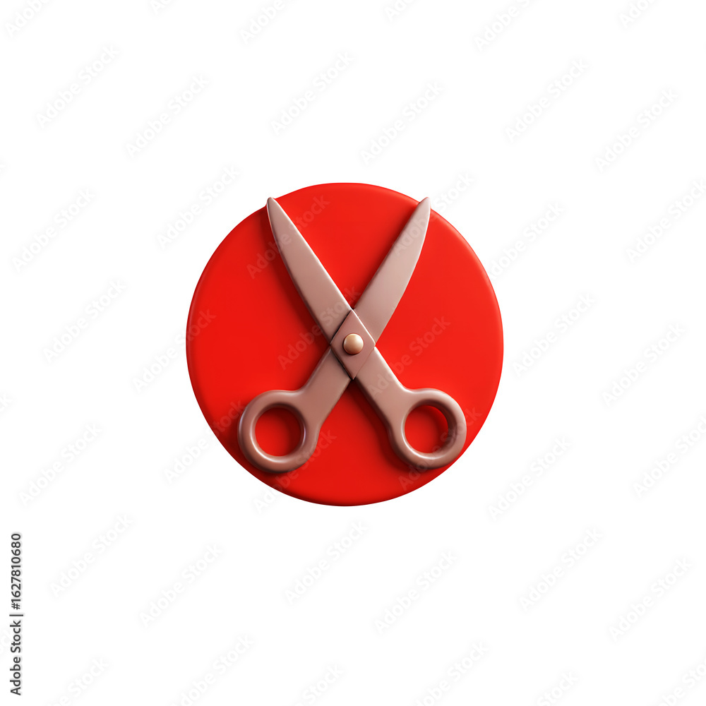 Poster scissors icon over a red circle in a digital art style illustration on transparent background