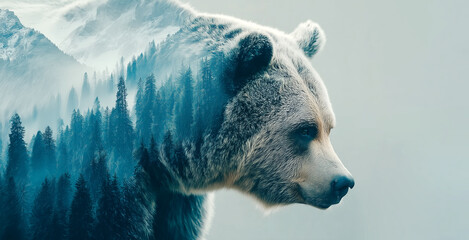 Double exposure of bear walks through mountain landscape. Grizzly bear portrait with landscape background