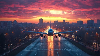 Airplane Landing Over Cityscape at Sunset