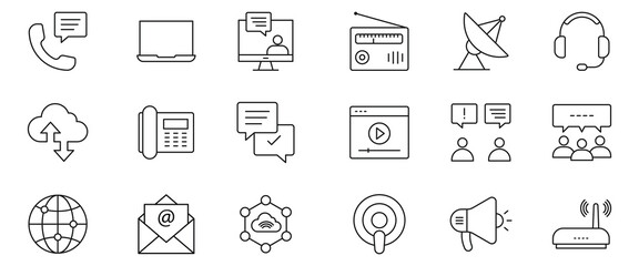 Speaking line icon set. Communication line icon set. Containing speak, mail, contact, chat, website, satellite, radio, antenna, message and more. Vector illustration.