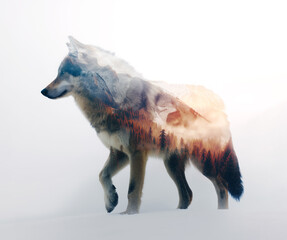 Wolf double exposure with snowy mountainous forest