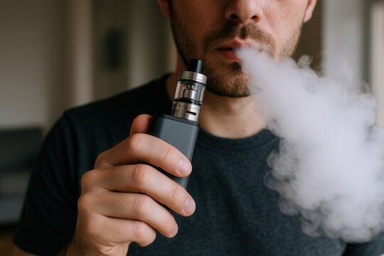 Young man vaping indoors, exhaling thick cloud with e-cigarette