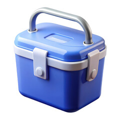 3d blue lunch box with metal handle isolated on transparent background