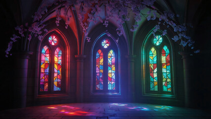 Three Gothic stained glass windows with colorful light patterns