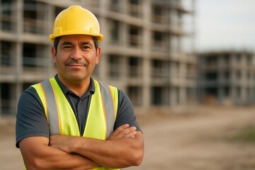 Confident construction worker smiling on building site for industrial design or workforce promotion