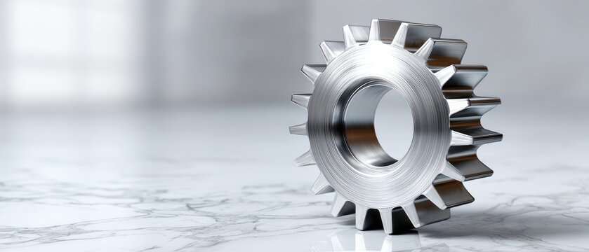 A close-up of a shiny metal gear placed on a smooth surface, showcasing its detailed design and reflection, emphasizing industrial craftsmanship.
