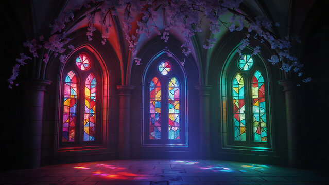 Three Gothic stained glass windows with colorful light patterns