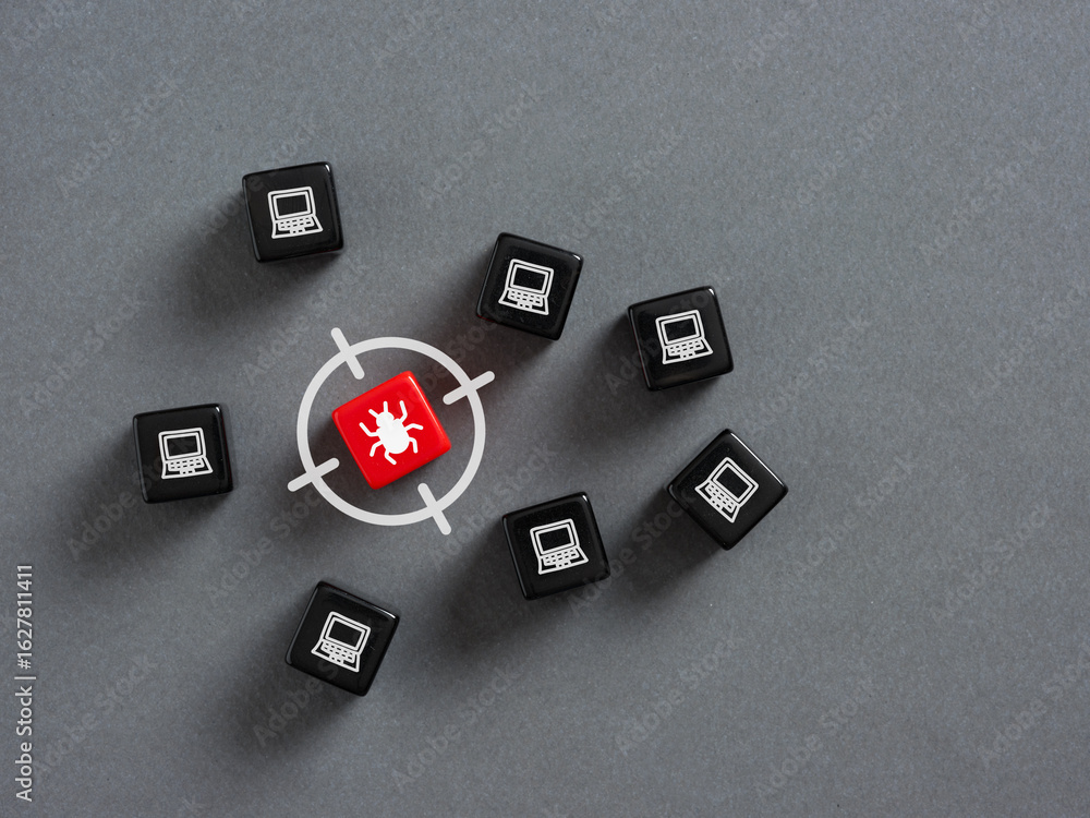 Poster targeting computer virus infecting multiple laptops with red dice and crosshair